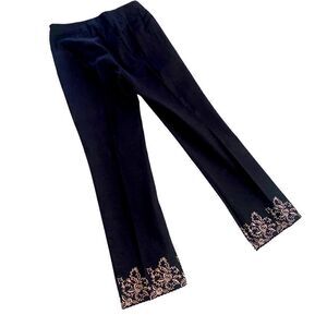 Harris Wallace New York stretch cotton black straight leg tan embroidered size 8